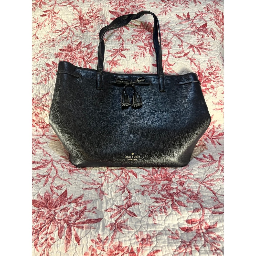 Kate Spade Black Pebbled Leather Bow Tassel Tote Bag Gold Hardware Shoulder Bag